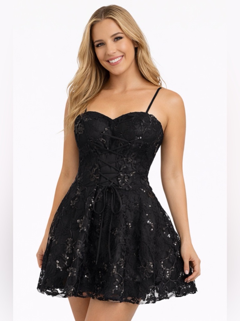 Windsor Black Sequin Lace-Up Back Party Dress